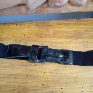 Black Elastic & Faux Pantent Leather Wide Band Belt w/ Square Buckle Sz S 32"